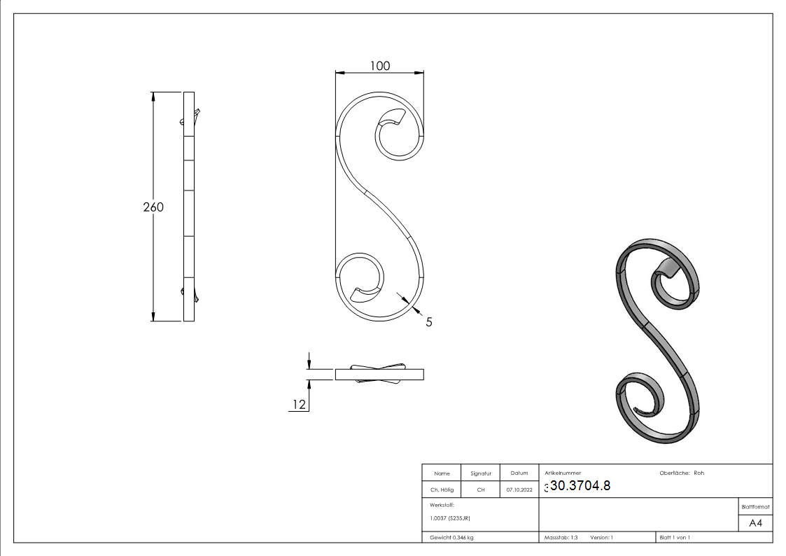 S-Schnecke - Masse- 260x100 mm - Material- 12x5mm - Stahl S235JR- roh-30-3704.8
