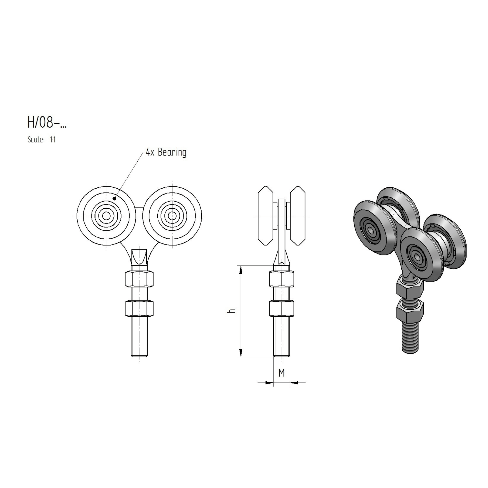 Rollenapparat Stahl verzinkt fuer Profil 33x34 mm M8 4-raedrig bis 90 kg-89-11H0833X34-A.4