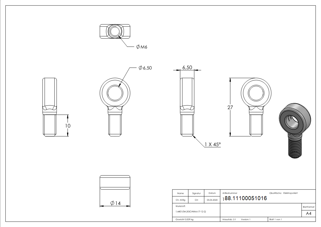 Augenende Edelstahl V4A M6 Gewinde- Gewindelaenge 8 mm- kurz-88.11100051016
