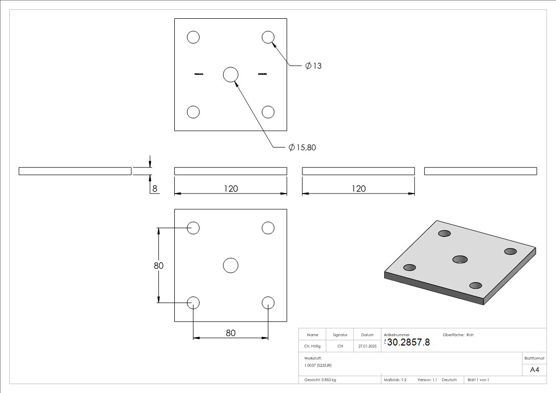 Ankerplatte 120x120x8 mm 5 Bohrungen -  Stahl roh-30-2857.8