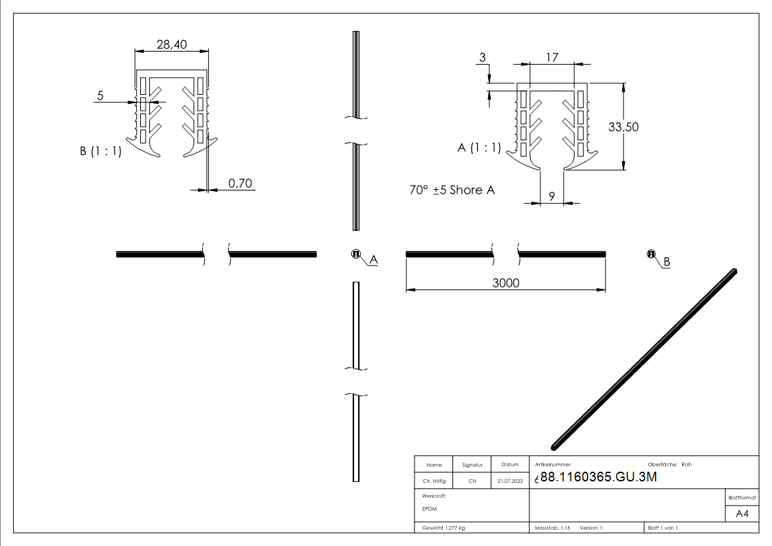 Keildichtung EPDM fuer Glas 10-00–13-52 mm- Nut 27x30 mm- Laenge 3 m-88-1160365-GU.3M