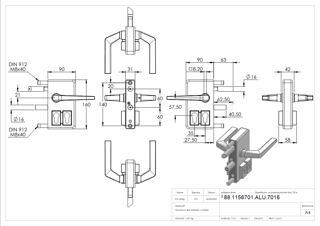 Gittertorschloss GTS 2 mit Doppelzylinder fuer Rohrstaerke 40-60mm- anthrazitgrau-88-1156701-ALU.7016