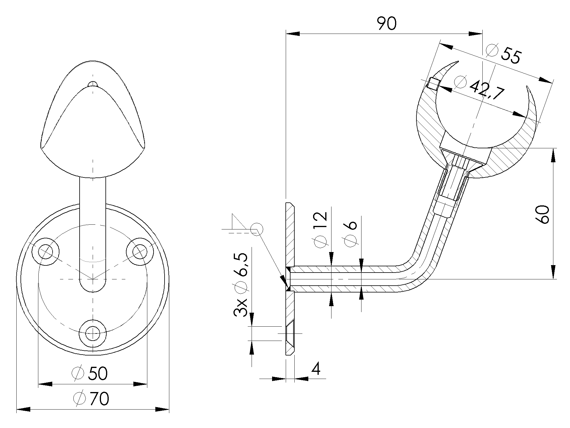 Handlaufhalter V4A fuer Ø 42-4 mm mit LED geschliffen-89-11A144114042LED-A.4