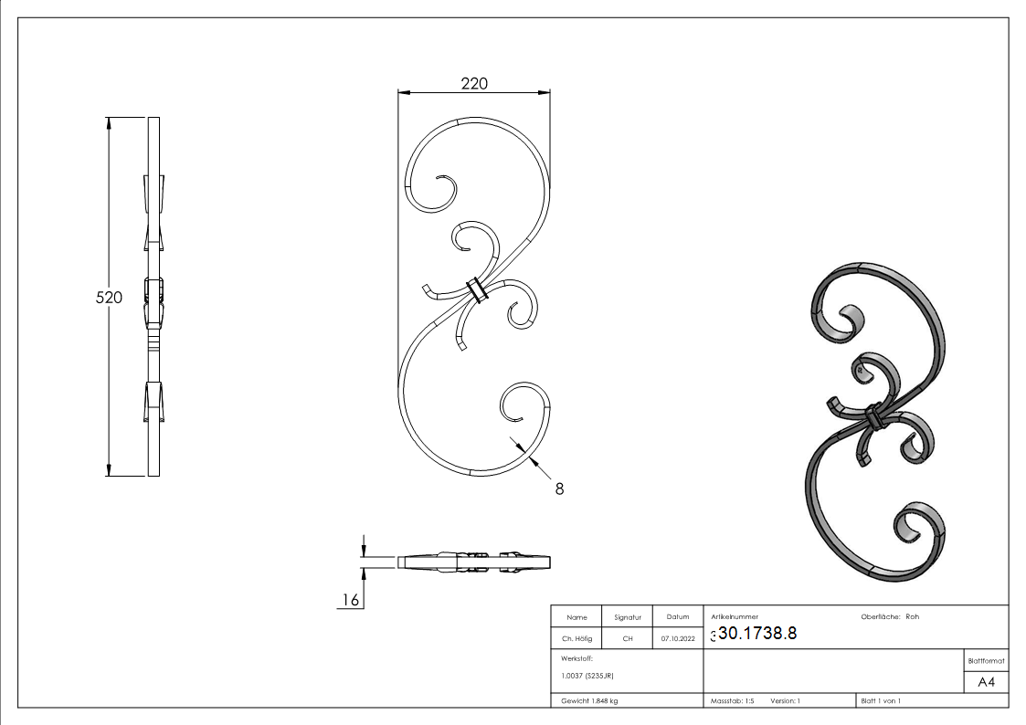 Zierteil - Masse- 220x520 mm - Material- 16x8 mm - Stahl S235JR- roh-30-1738.8