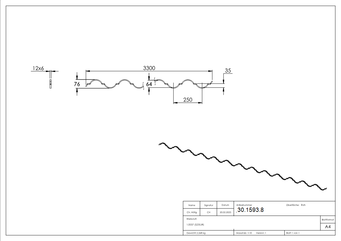 Ziergitterstange - glatt - Material- 12x6 mm- gerillt - Laenge- 3300 mm - Stahl S235JR- roh-30-1593.8