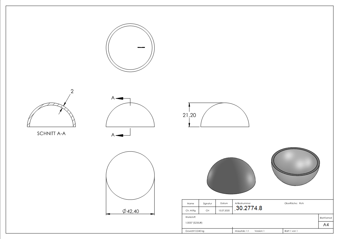Halbhohlkugel Ø 42 mm - glatt - Stahl S235JR- roh-30-2774.8