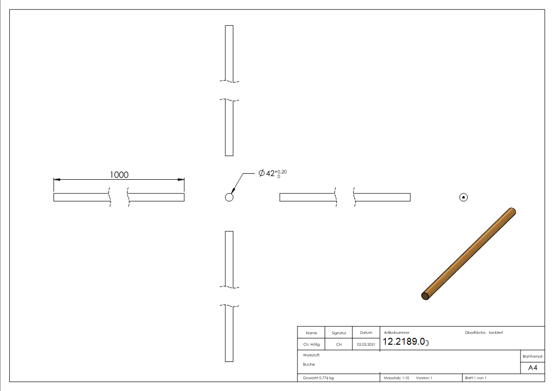 Holzhandlauf Buche- Ø 42 mm Laenge 1000 mm-12-2189.0