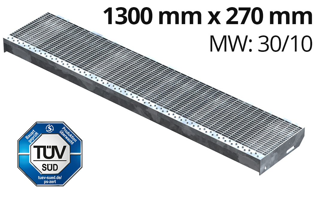 Gitterroststufe Treppenstufe Masse- 1300x270 mm 30-10 mm S235JR -St37-2- im Vollbad feuerverzinkt-40-1302731.7