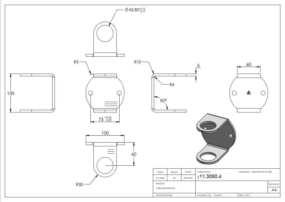 Wandbefestigung Ø 100 mm fuer Gelaenderpfosten Ø 42-4 mm - V2A-11-3060.4