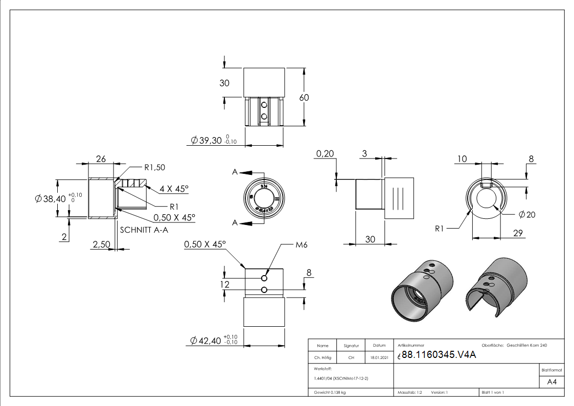 Nutrohrverbinder Edelstahl V4A Ø 42-4 mm fuer 1-5 mm und 2-0 mm Wandstaerke-88-1160345.V4A