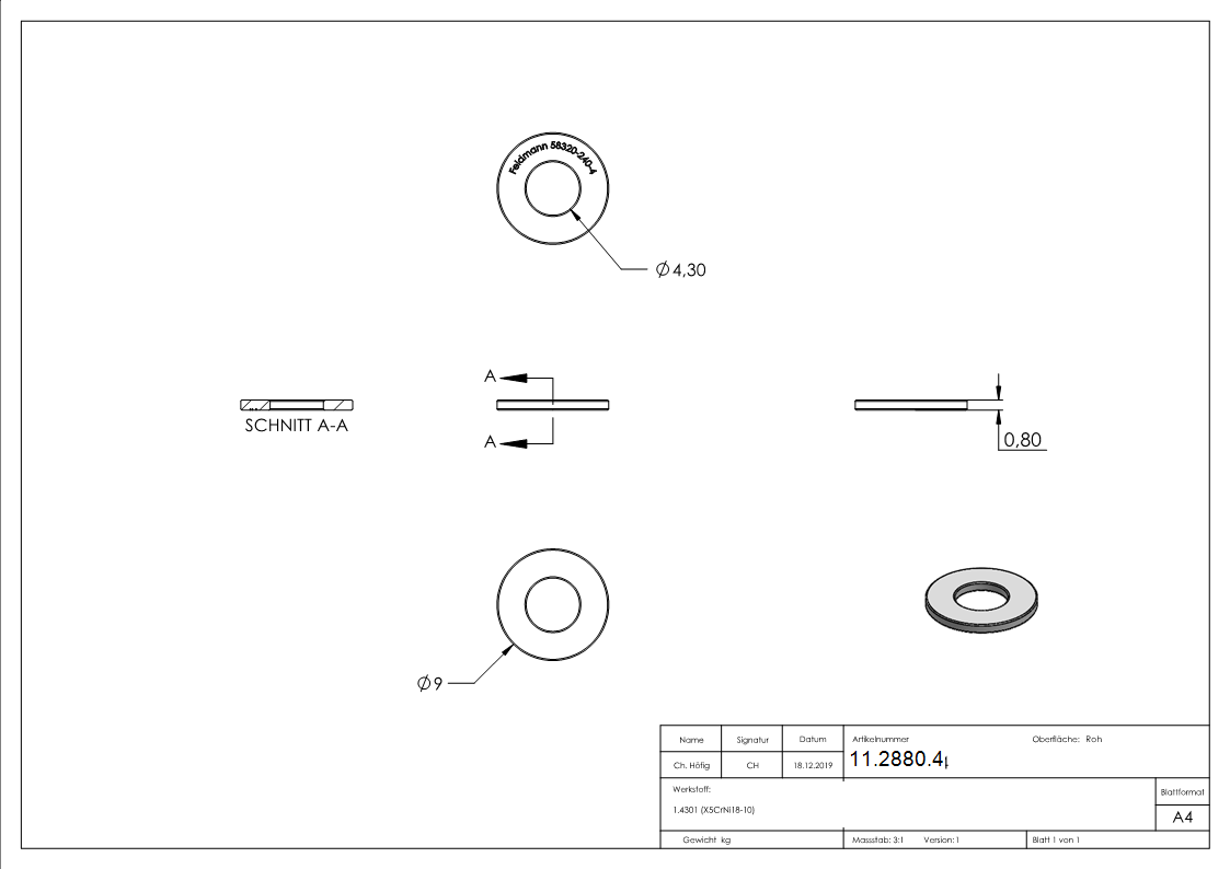Beilagscheibe - fuer Gewinde M4 - DIN 125-1- A2 - V2A-11-2880.4