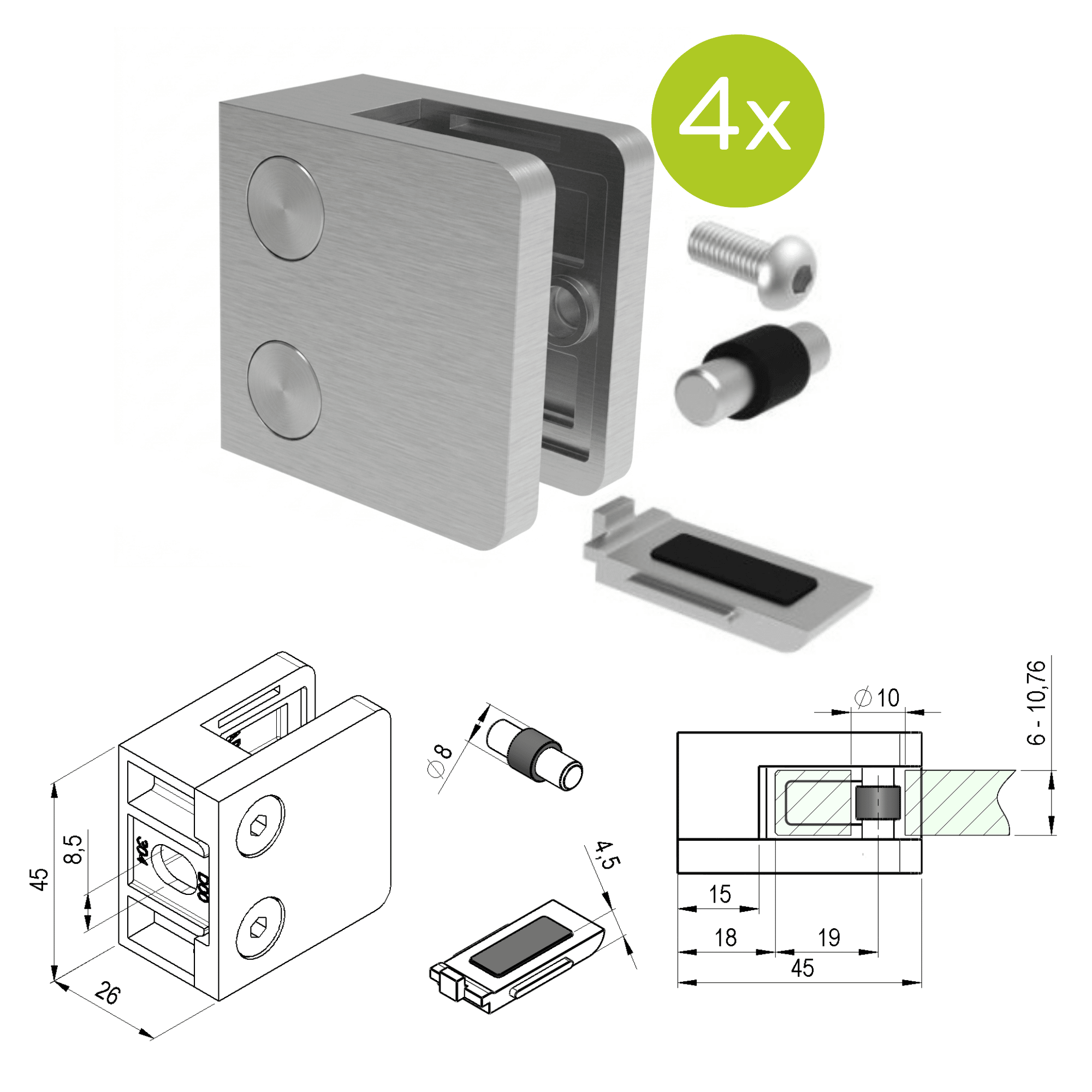 Glasklemme V2A fuer 6-10-76 mm Glas Flachanschluss geschliffen 4er Set-89-11A230P000SET4-A.4