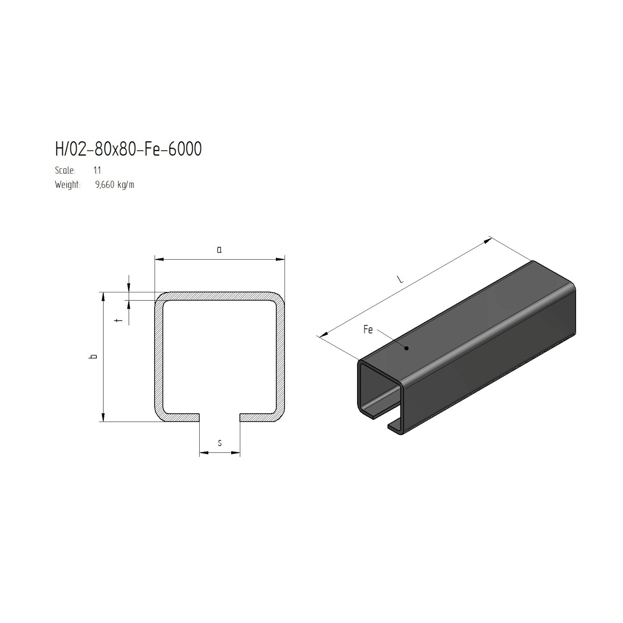 Laufschiene Stahl roh 80 x 80 x 5 mm L=6000 mm fuer freitragende Schiebetore-89-11H0280X80FE6000-A.4