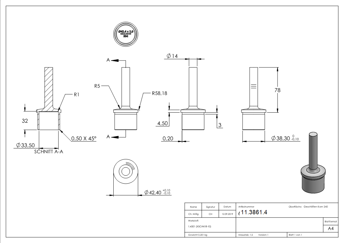 Handlaufstuetze aus einem Stueck fuer  42-4x2-0 mm V2A-11-3861.4
