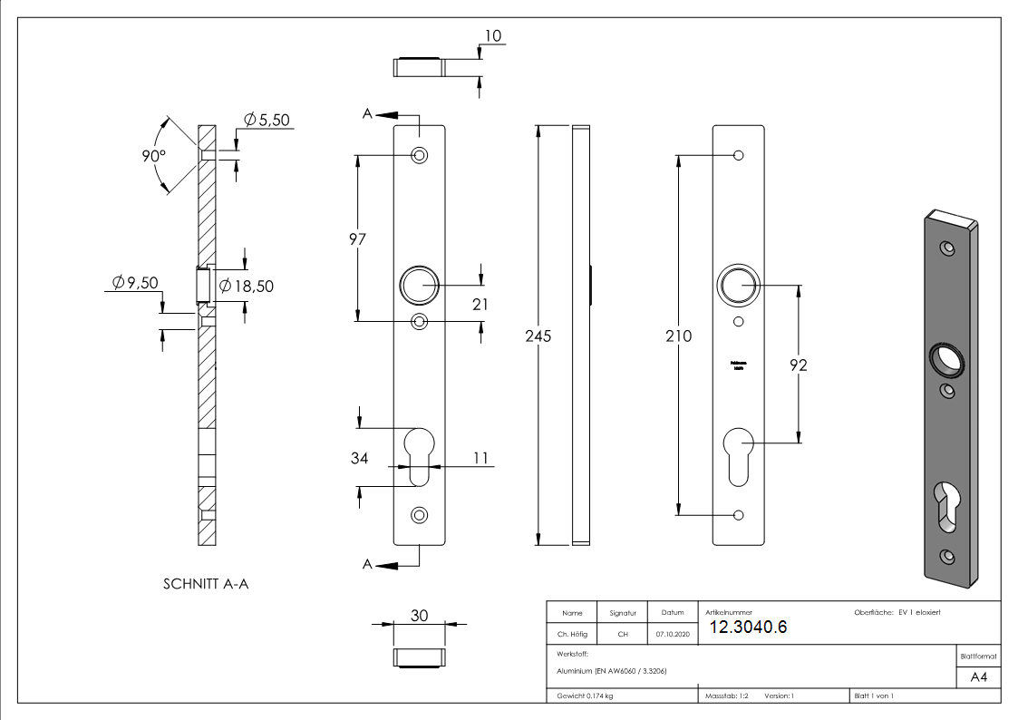 Alu-Zylinderlangschild - Masse- 30x245x10 mm - Form- vierkant - Aluminium EV1-12-3040.6