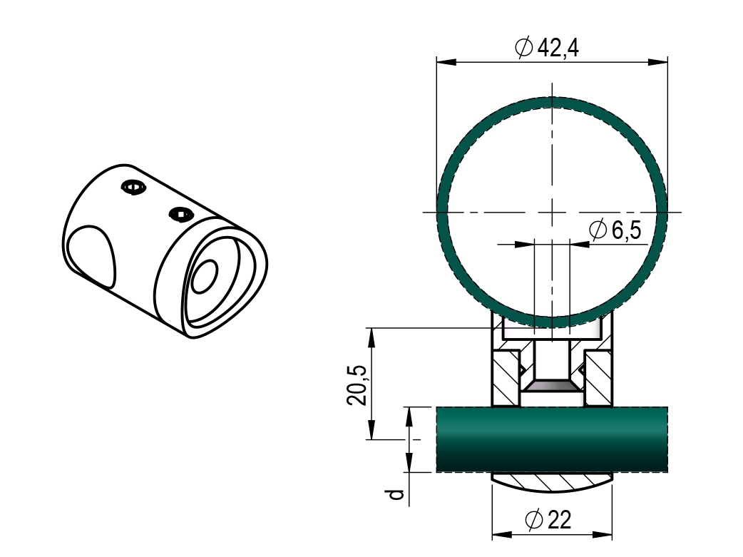 Querstabhalter V2A fuer Rohr 42-4 mm - fuer Stab 10 mm geschliffen-11-1020-A.4