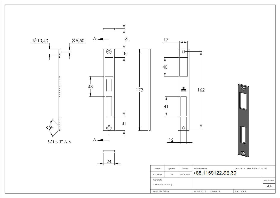 Schliessblech Edelstahl V2A fuer 30 mm Schiebetorschloesser geschliffen-88-1159122-SB.30