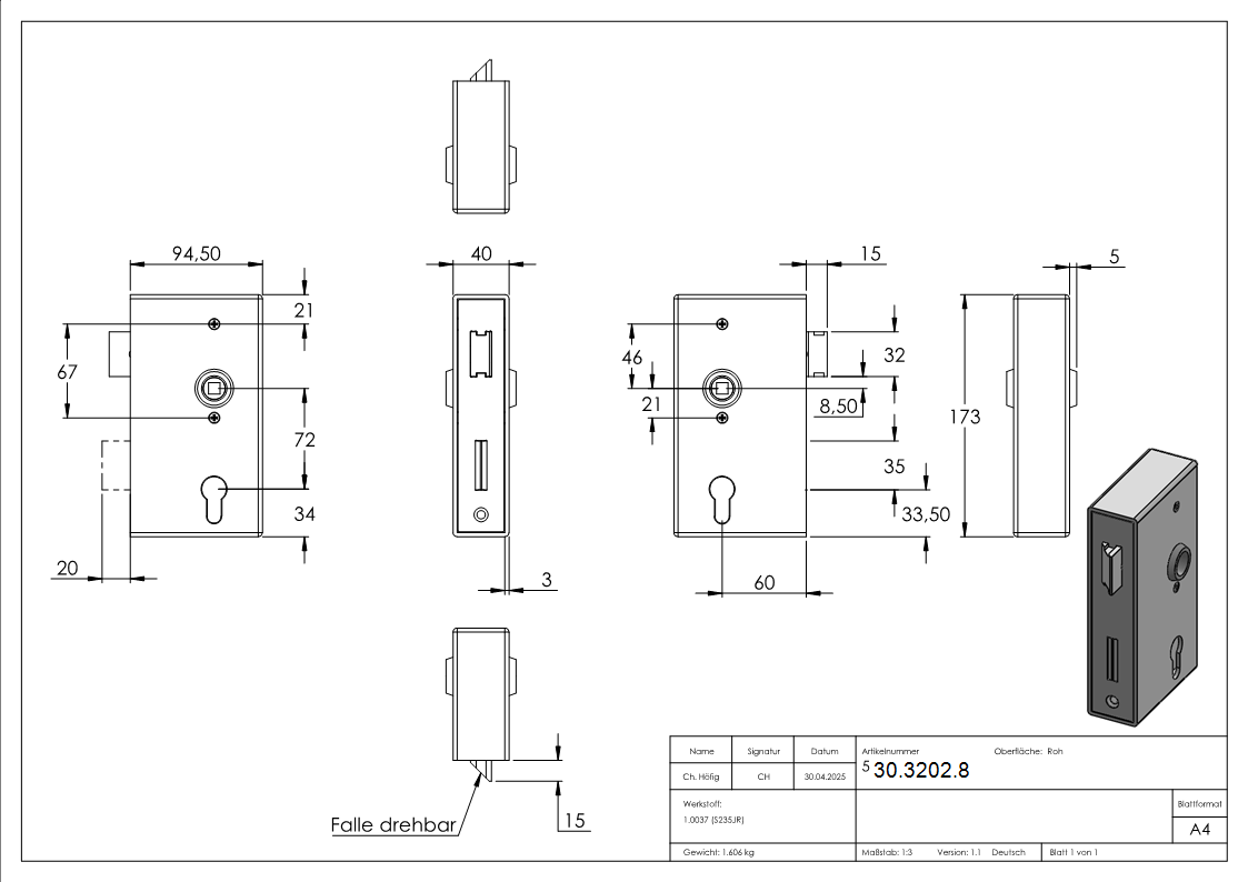 Kastenschloss verzinkt 40x94-5x173 mm mit Edelstahl Stulp-30-3202.8