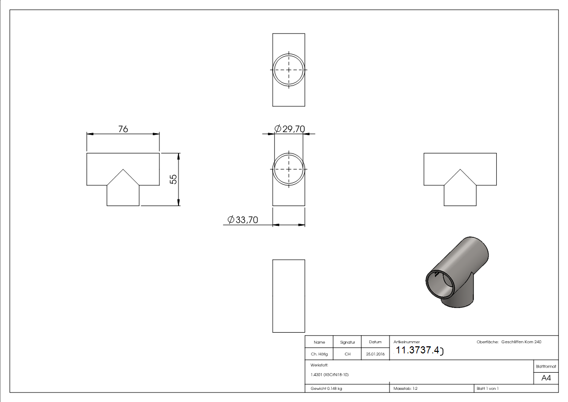 T-Stueck zum Schweissen fuer Rundrohr- Ø 33-7 mm V2A-11-3737.4