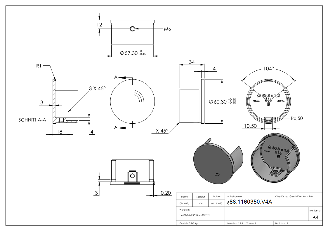 Endkappe Edelstahl V4A fuer Nutrohr Ø 60-3 x 1-5 mm-88-1160350.V4A