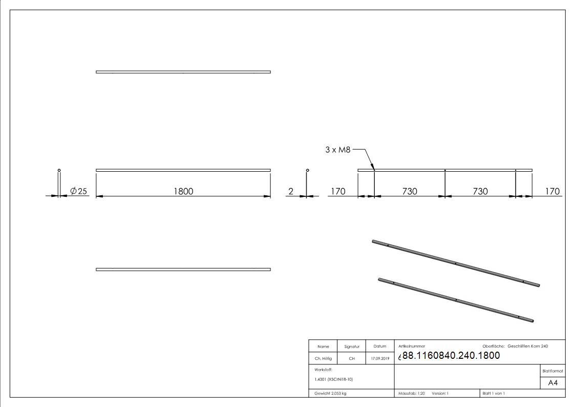 Laufschiene V2A 25 x 2 mm 1800 mm fuer Glasschiebetuer mit 3x M8 Gewinde-88-1160840-240.1800