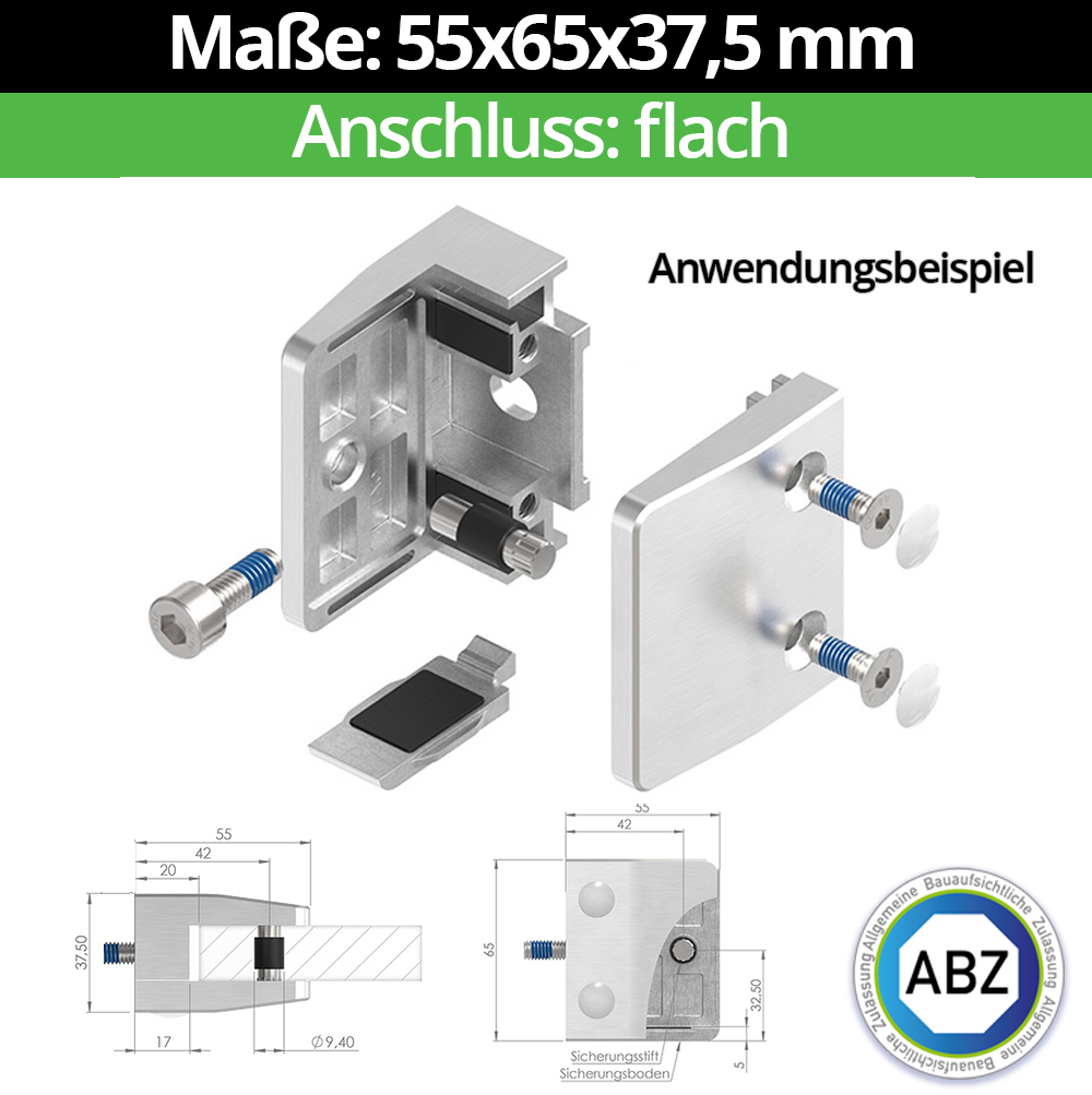 Glasklemme AbZ 55x65x37-5 mm  Flach- fuer 10-00 mm ESG Glas- Nein - Ohne Sicherungsstift- Nein - Ohne Sicherungsboden-10-MODELL35-1-10-1.1