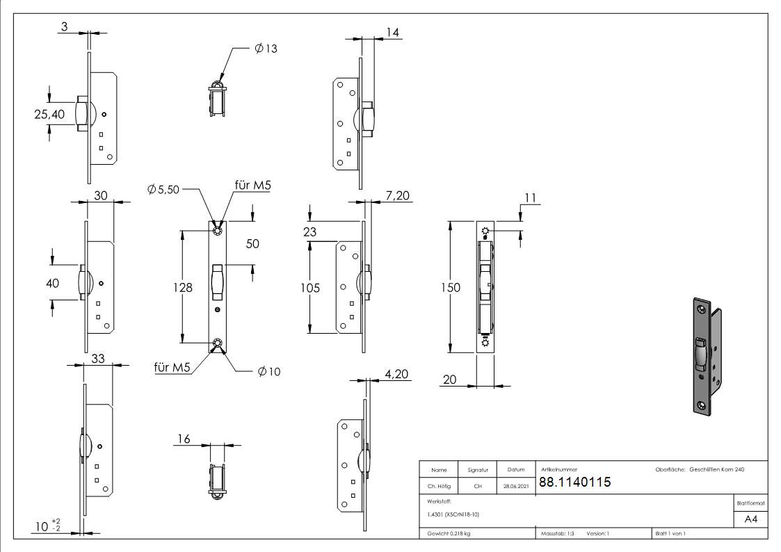 Einsteckschloss verzinkt Stulp Edelstahl mit Rollfalle- - 2 mm verstellbar-88.1140115