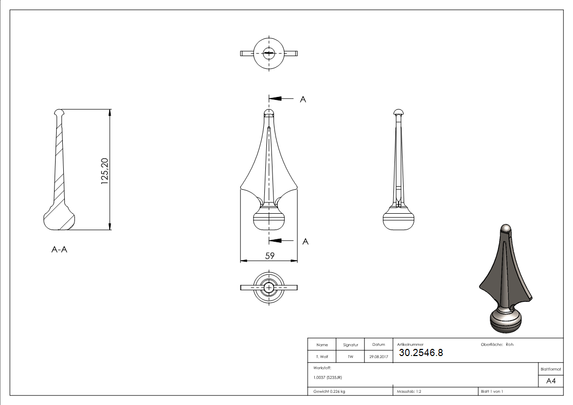 Zaunspitze - Hoehe- 125 mm - Material- Ø 32 mm - Stahl S235JR- roh-30-2546.8