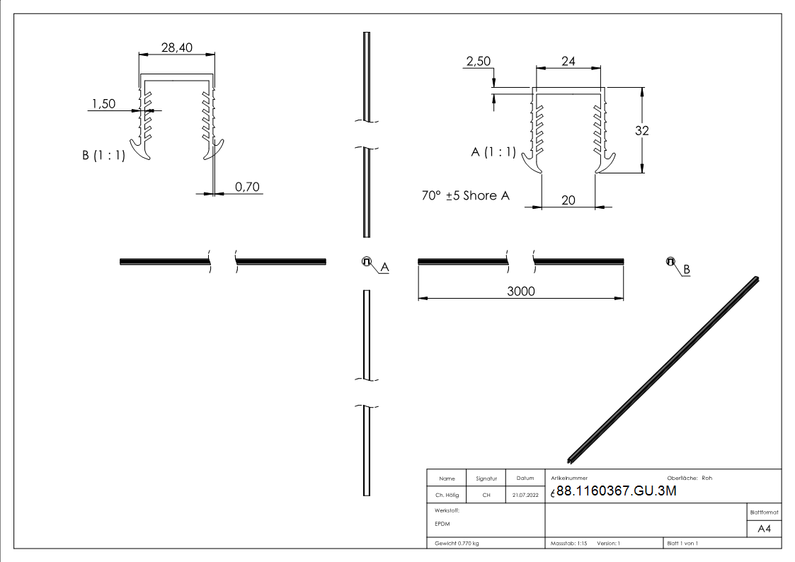 Keildichtung EPDM fuer Glas 20-76–21-52 mm- Nut 27x30 mm- L=3000 mm-88-1160367-GU.3M