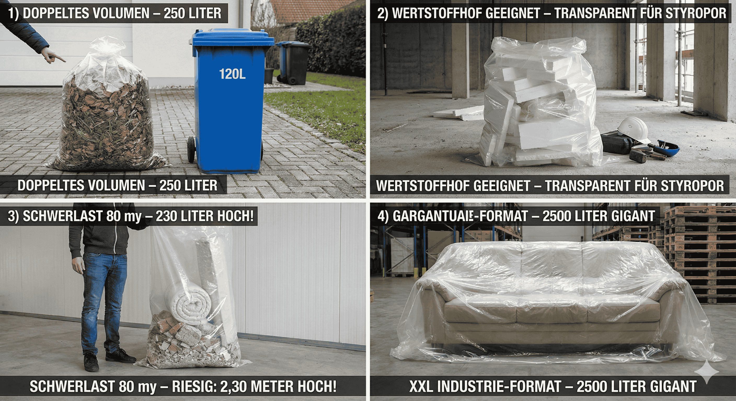 5x Schwerlastsaecke 1000 Liter 80my Transparent - Industrie Muellsaecke 230cm hoch - Fuer Bauschutt - Matratzen-1SFB800-500X230080_5