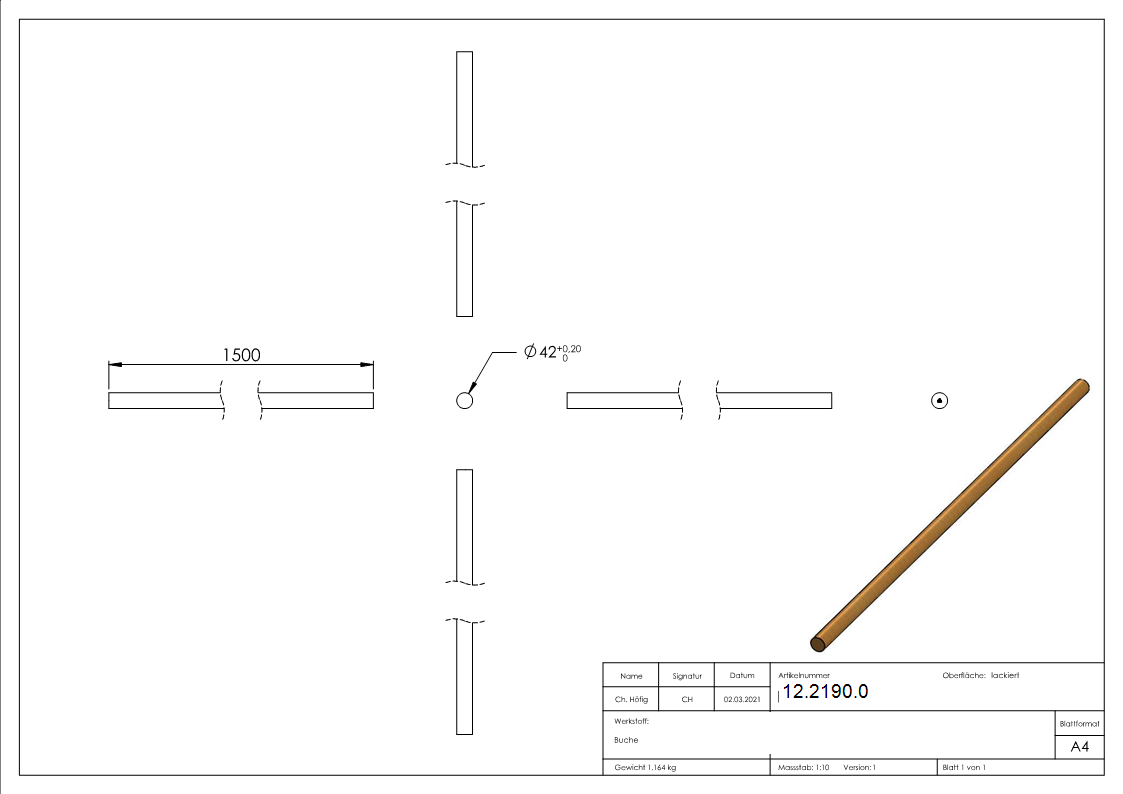 Holzhandlauf Buche- D=42mm- Laenge 1500mm-12-2190.0