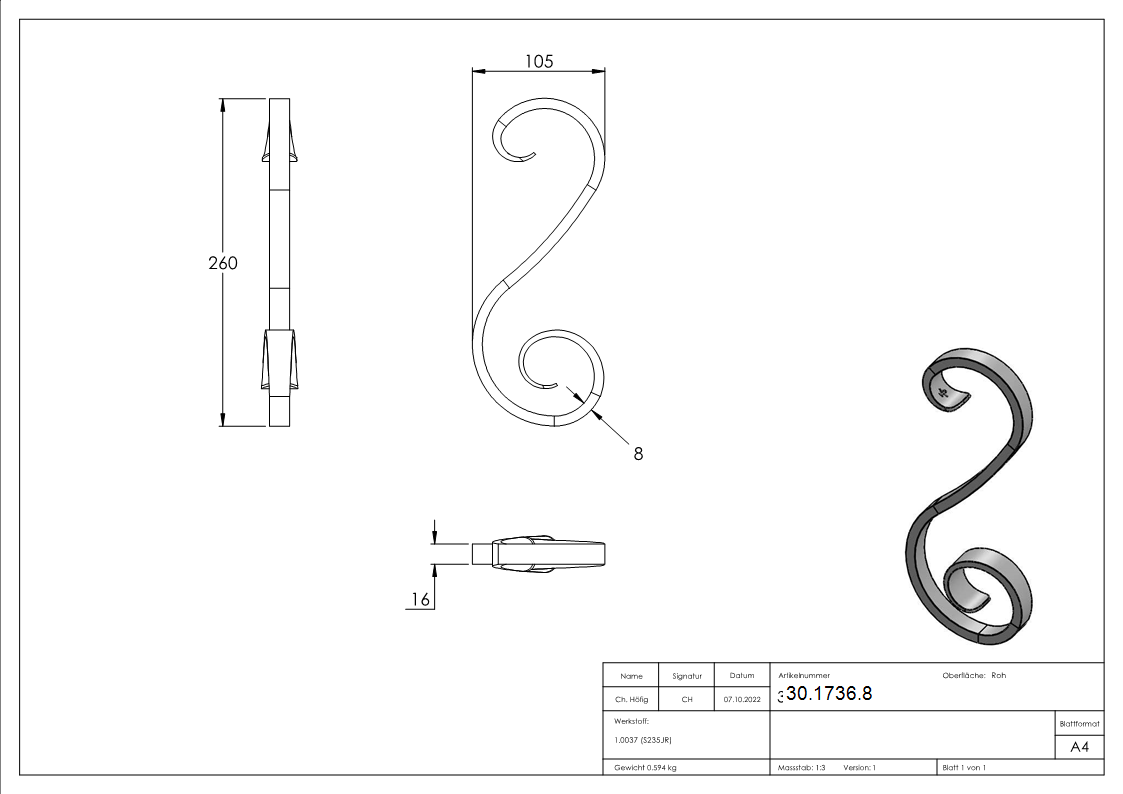 16er Serie - Masse- 105x260 mm - Material- 16x8 mm- glatt - Stahl S235JR- roh-30-1736.8