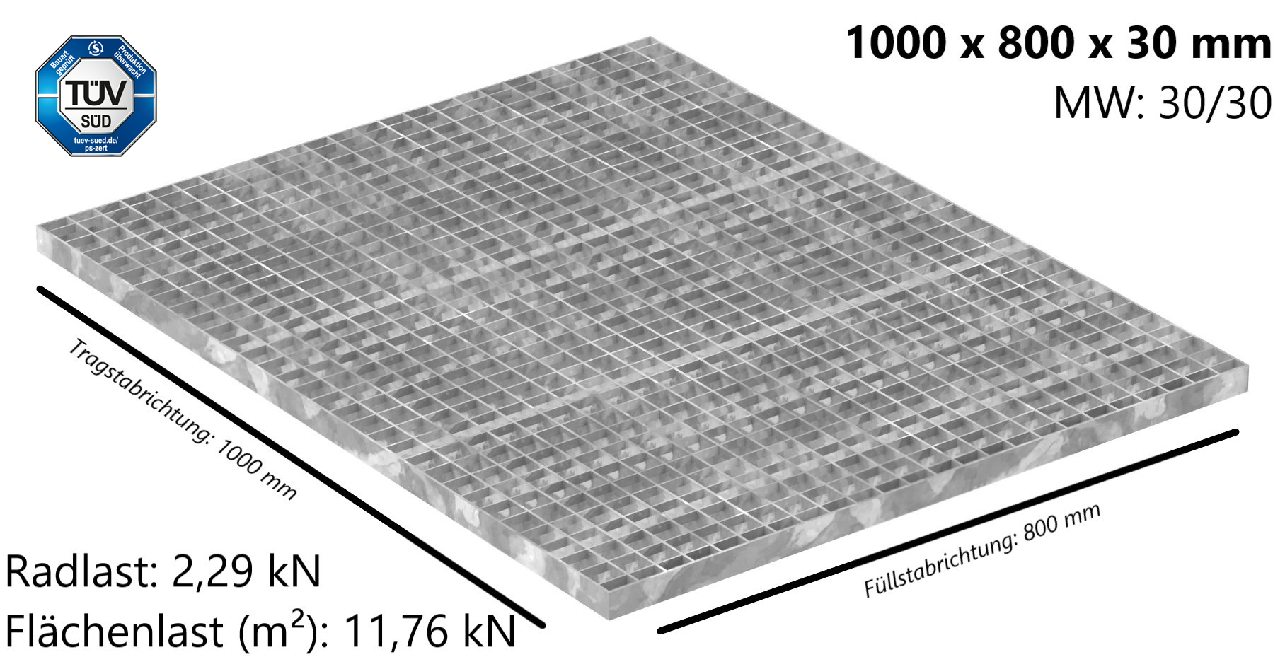 Industrie-Gitterrost - Masse- 1000x800x30 mm; MW 30-30 mm; 30-3 mm - S235JR -St37-2- im Vollbad feuerverzinkt-21-1008030303.7