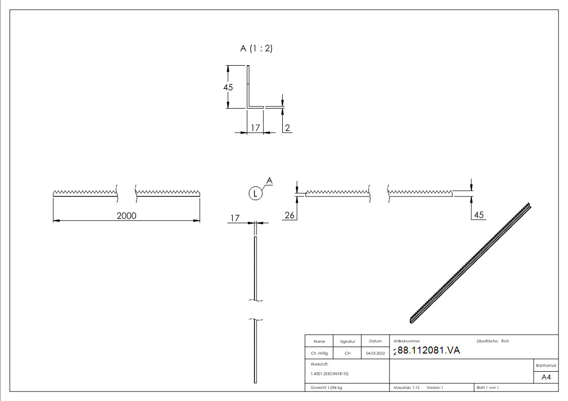 Zackenleiste Edelstahl V2A 45 x 12 x 3-0 mm L=2000 mm ungeschliffen-88-112081.VA