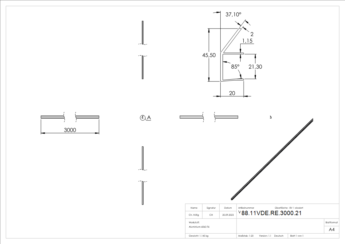 Regenrinne Aluminium eloxiert fuer Glas 21-52 mm- L = 3000 mm Vordachsystem-88-11VDE-RE-3000.21