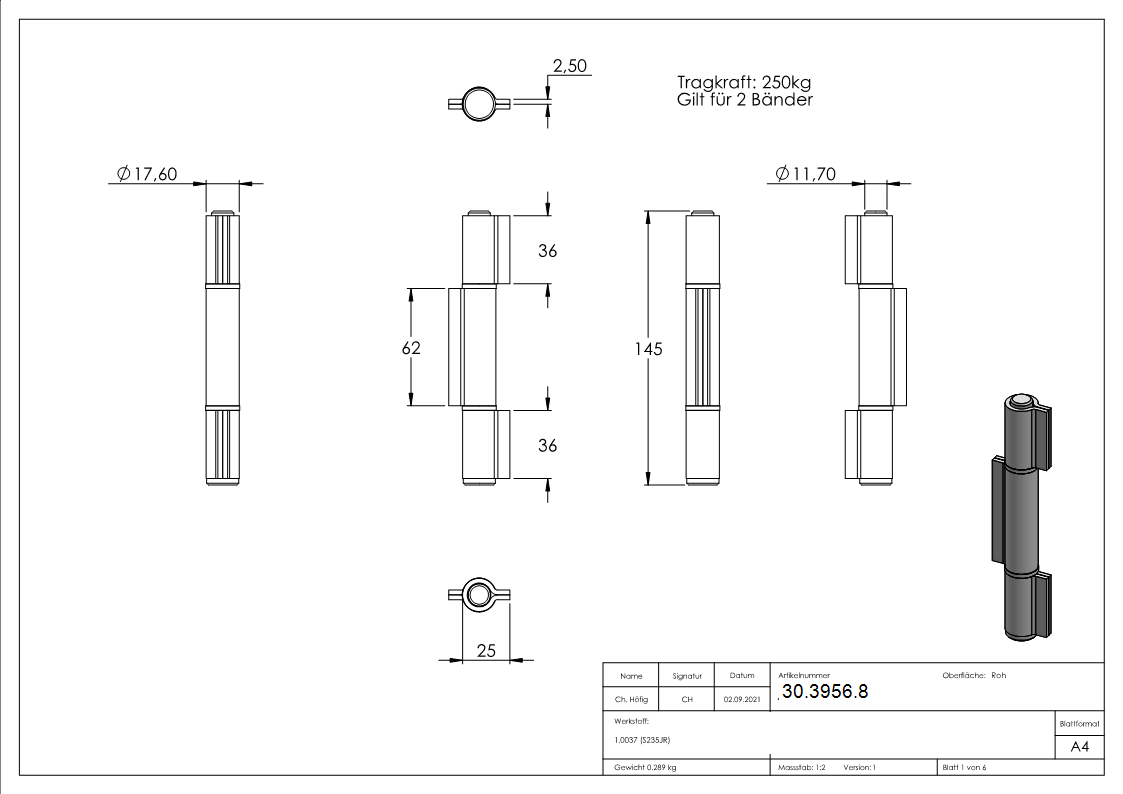 Anschweissband Stahl 3-teilig schwer Tragkraft 250 kg-30-3956.8