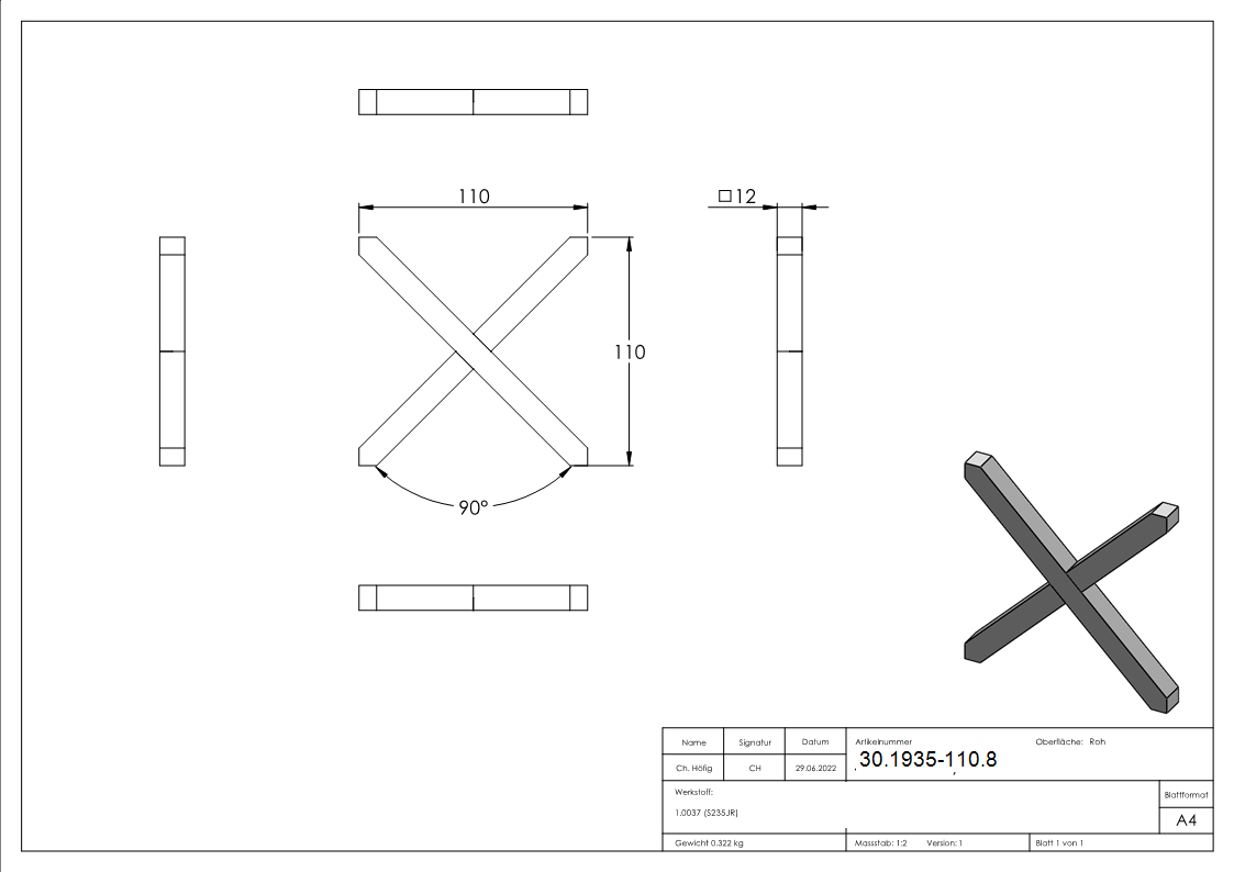 Kreuz - Material- 12x12 mm - Masse- 110x110 mm - Stahl S235JR- roh-30-1935-110.8