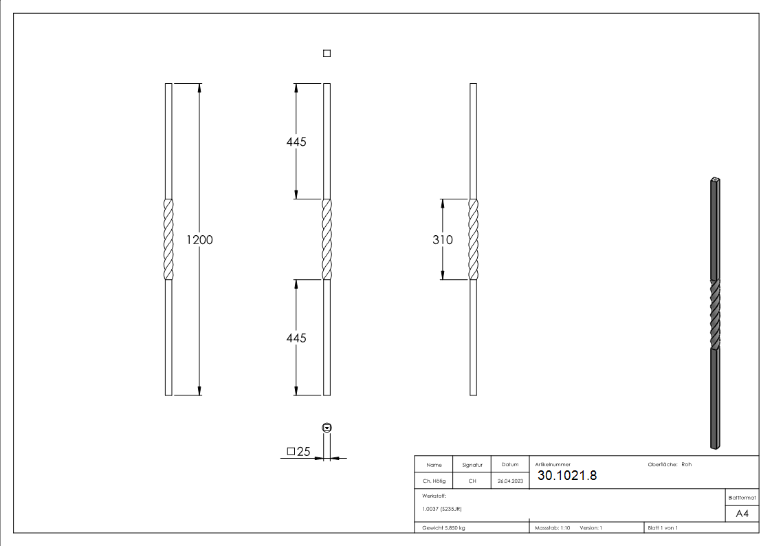 Anfangsstab Pfosten Laenge- 1200 mm Material- 25x25 mm Stahl S235JR- roh-30-1021.8