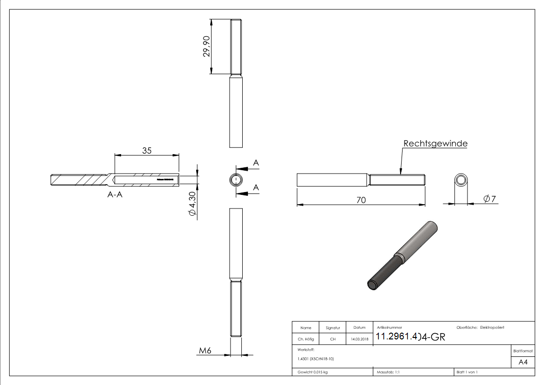 Gewindeterminal mit Aussengewinde - Rechtsgewinde - Fuer Seil von Ø 4 mm -V2A-11-2961.4