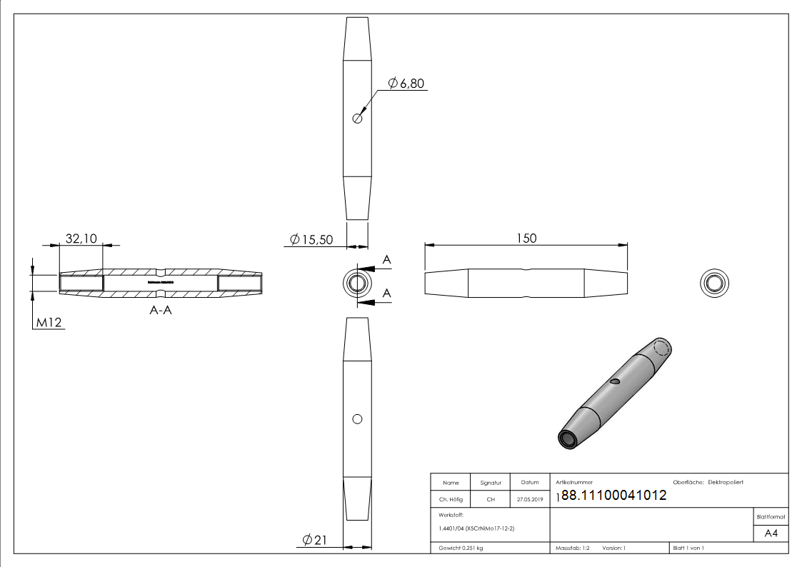 Wantenspanner Edelstahl V4A M12 Links- und Rechtsgewinde-88.11100041012