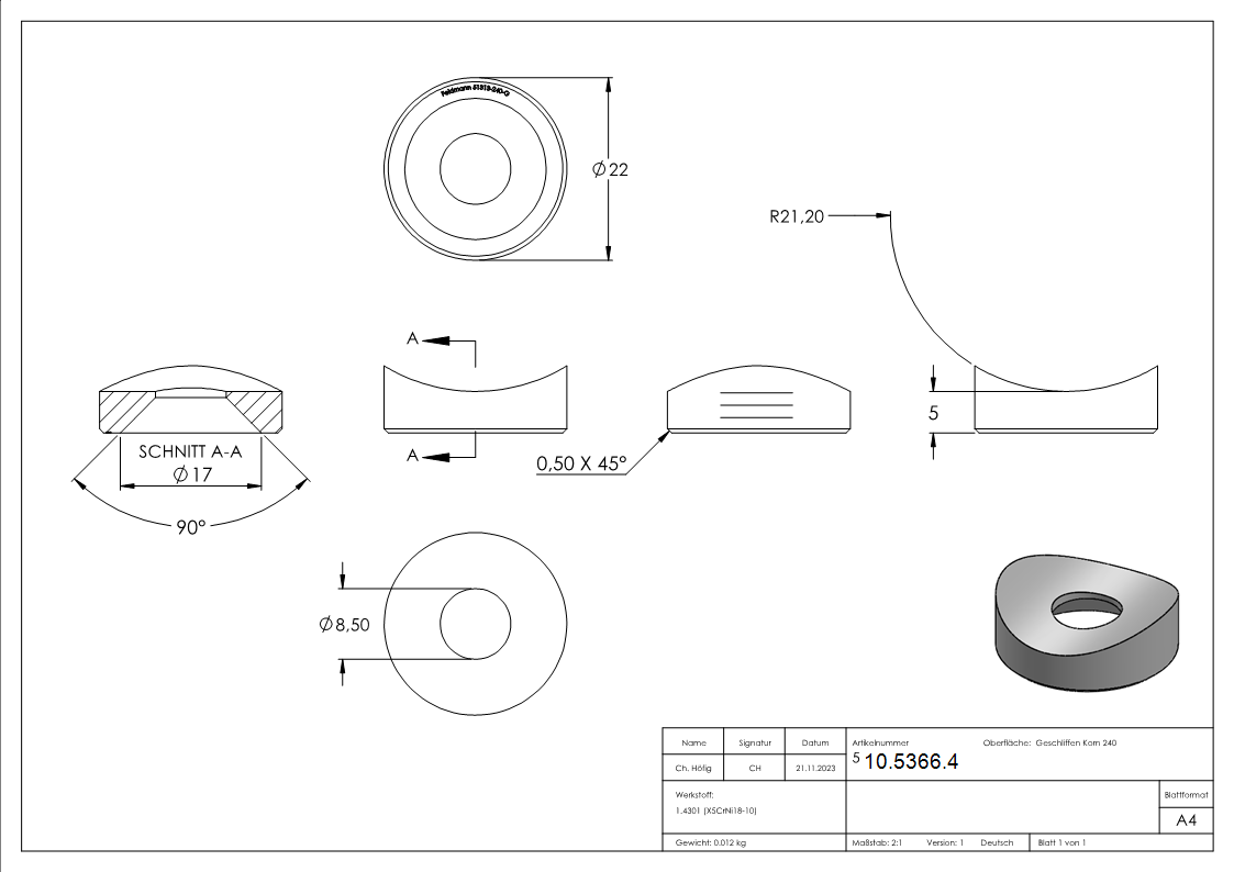 Ausgleichsstueck Ø 20 mm fuer Rundrohr  Ø 42-4 mm mit Senkbohrung 8-5 mm V2A-10-5366.4