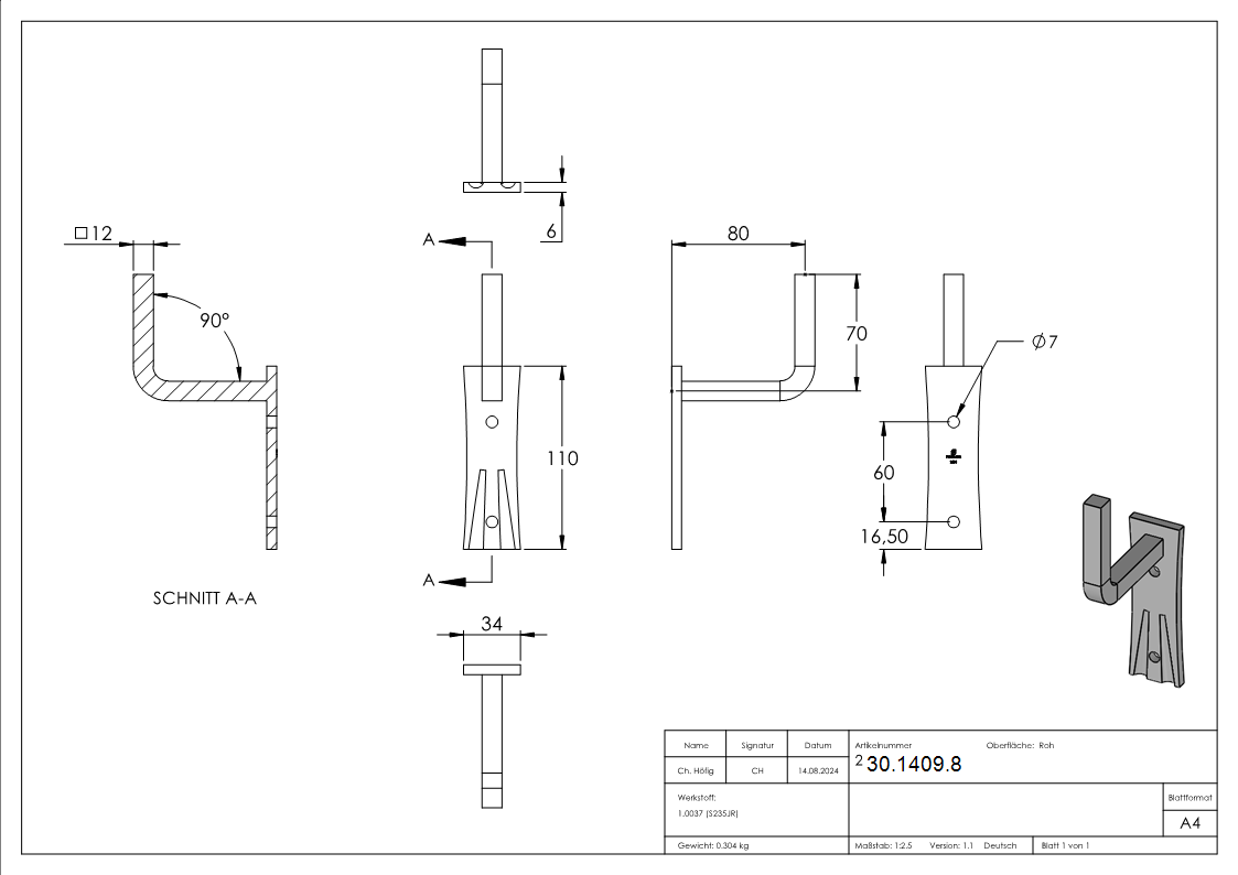 Handlaufhalter - mit Ronde 105x40x4 mm - zum Anschweissen - Stahl S235JR- roh-30-1409.8