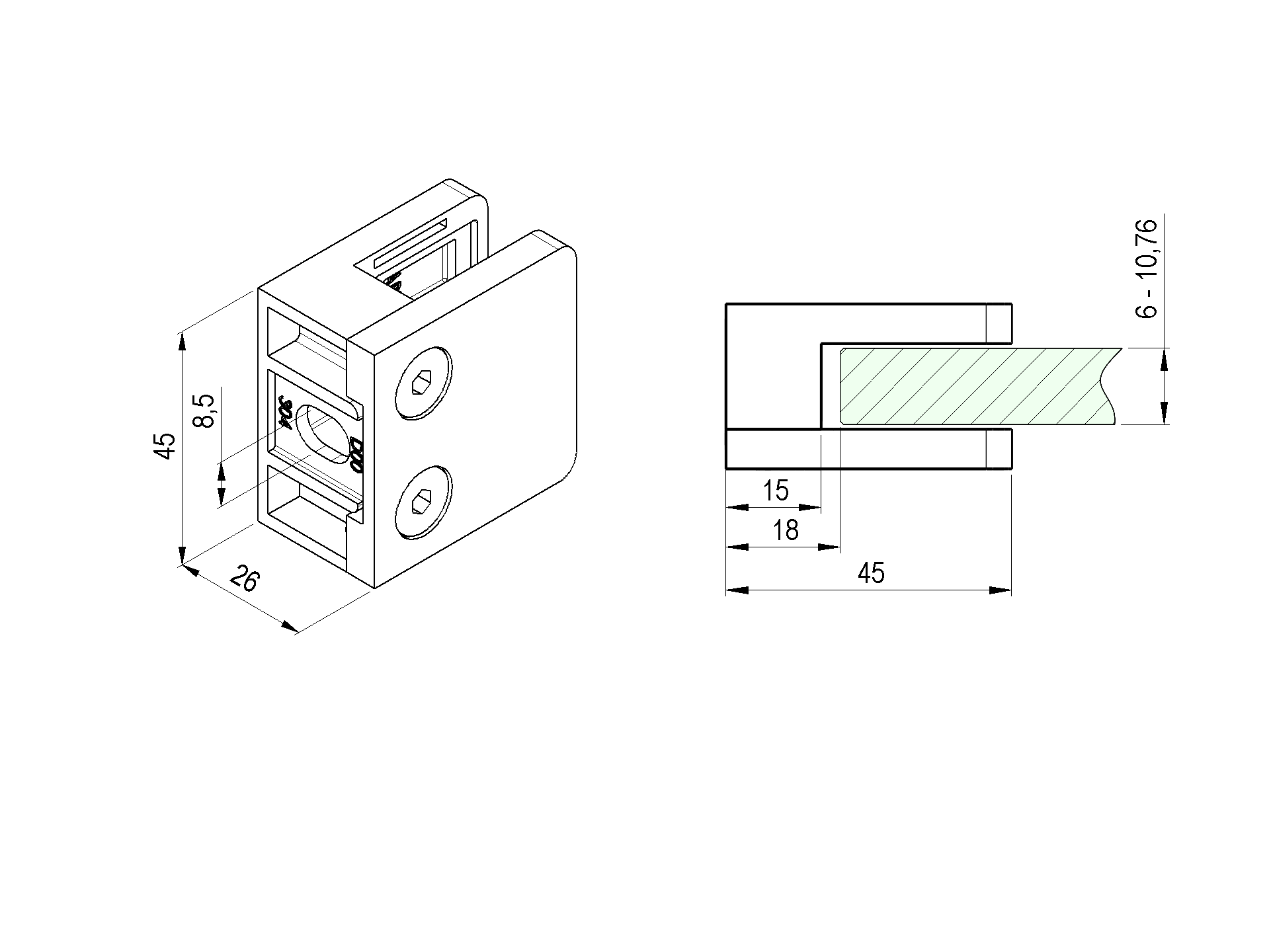 Glasklemme V2A fuer 6-10-76 mm Glas Flachanschluss schwarz PVD 4er Set-89-11APVD230P000SET4-A.4