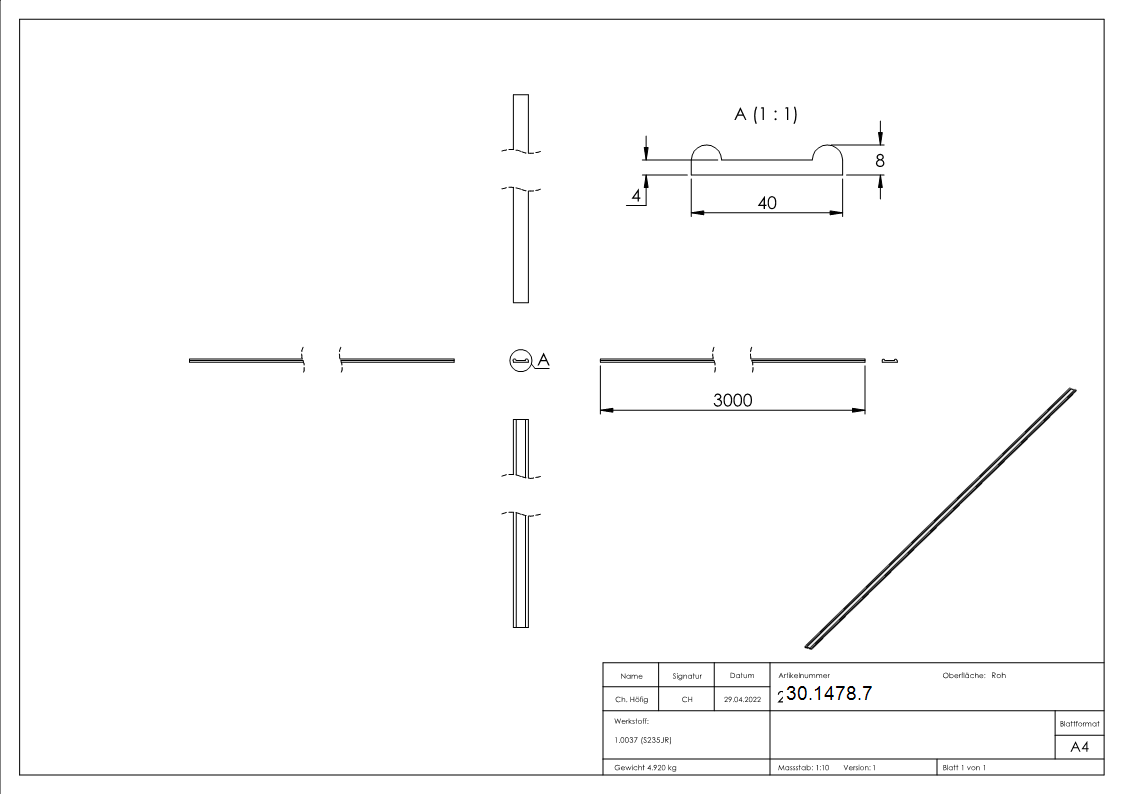 Hespeneisen 40x8x4 mm Profilstahl 3000mm S235JR roh-30-1478.7