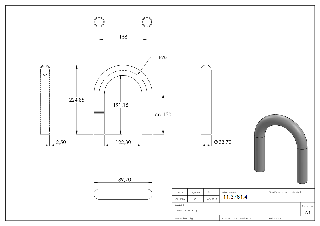 Bogen 180° zum Schweissen aus Rundrohr- Ø 33-7x2-6 mm V2A-11-3781.4
