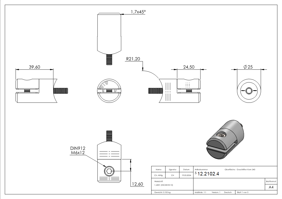 Blechhalter V2A Ø 25 mm- Rohr 42-4 mm- Blech 1-5-4 mm-12-2102.4