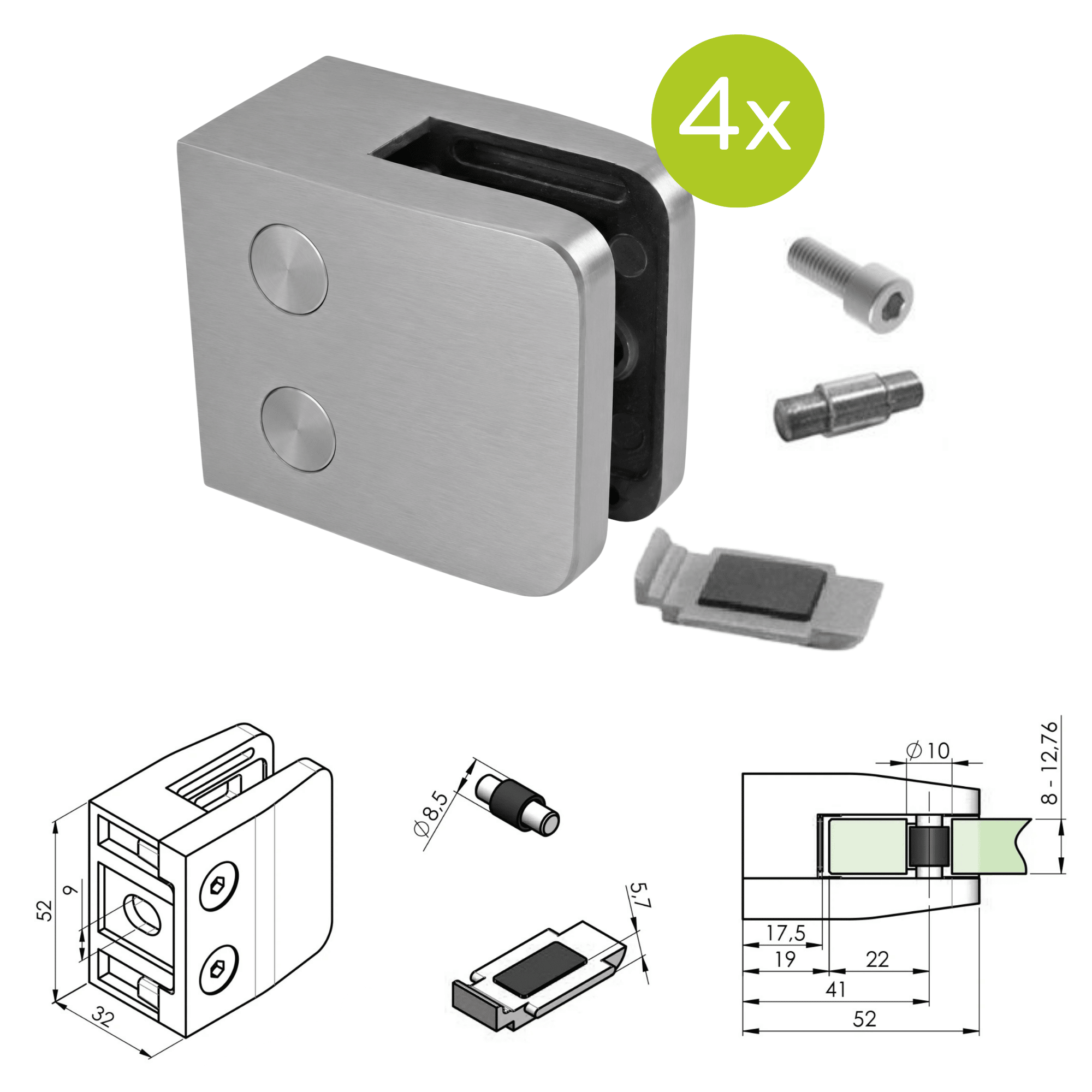 Glasklemmen V2A 8-12-76 mm fuer Flachanschluss geschliffen 4er Set-89-11A2600000SET4-A.4