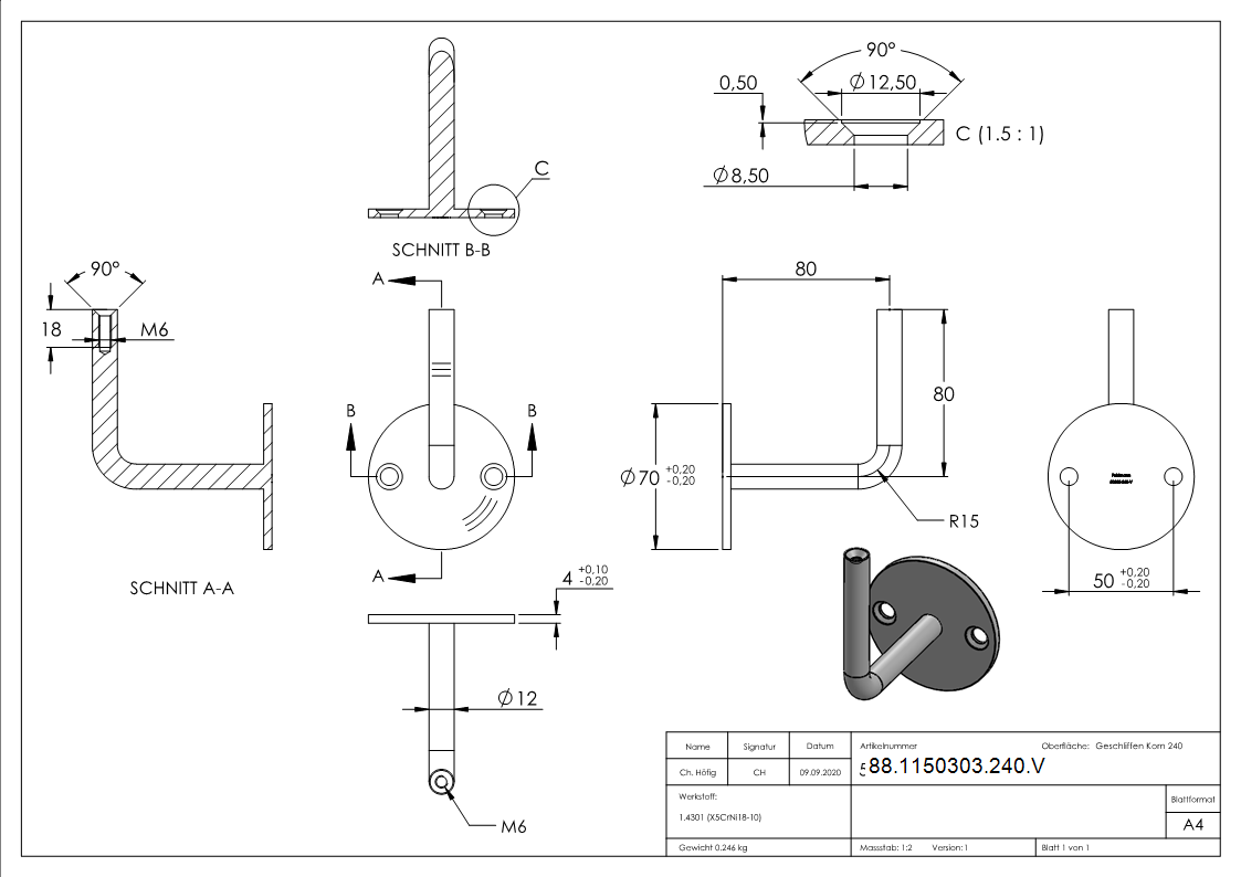 Handlaufhalter V2A Ronde Ø70x4mm- Buegel Ø12mm- Wandabstand 80mm- Innengewinde M6- verschweisst-88-1150303-240.V