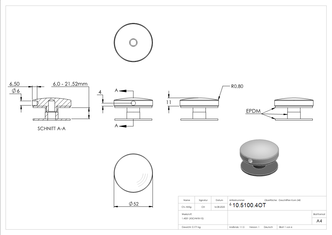 Glaspunkthalter-Oberteil Ø 52 mm- V2A-10-5100.4OT