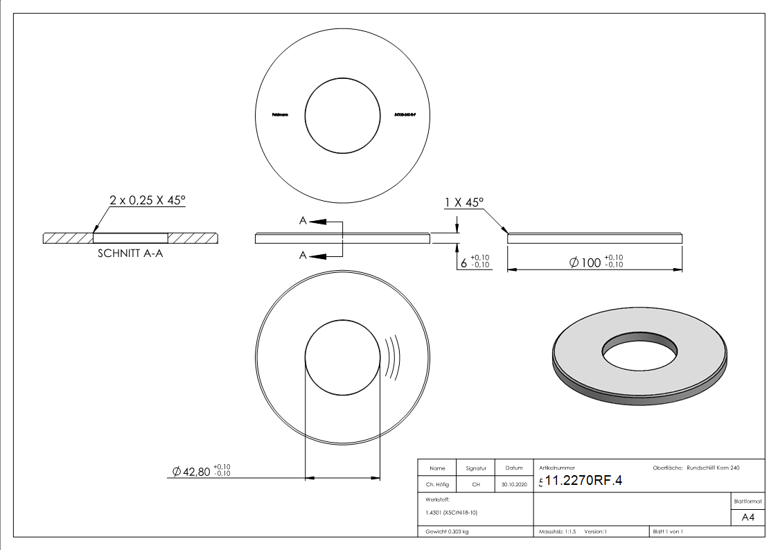 Ankerplatte Masse- 100x6 mm Rundschliff - Fase und Mittelbohrung V2A-11-2270RF.4